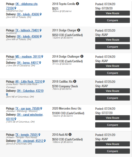 car transport price for shipping to Ohio from South 