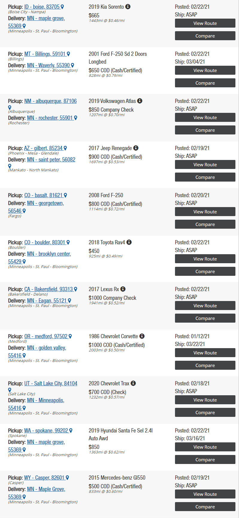 car transportation cost from west to MN