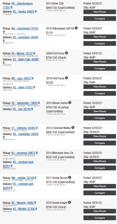 car shipping prices from east to KS