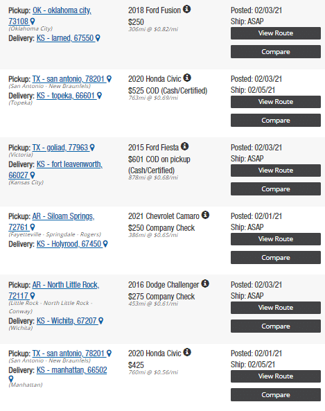 car shipping cost from south area to Kansas 