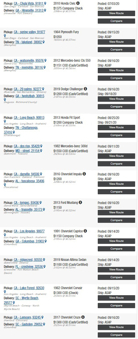 vehicle shipping from southeast to CA