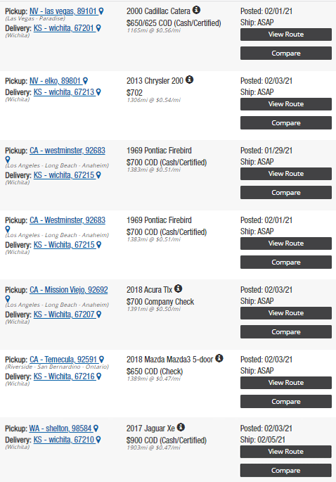 cost to ship a car from west area to Kansas