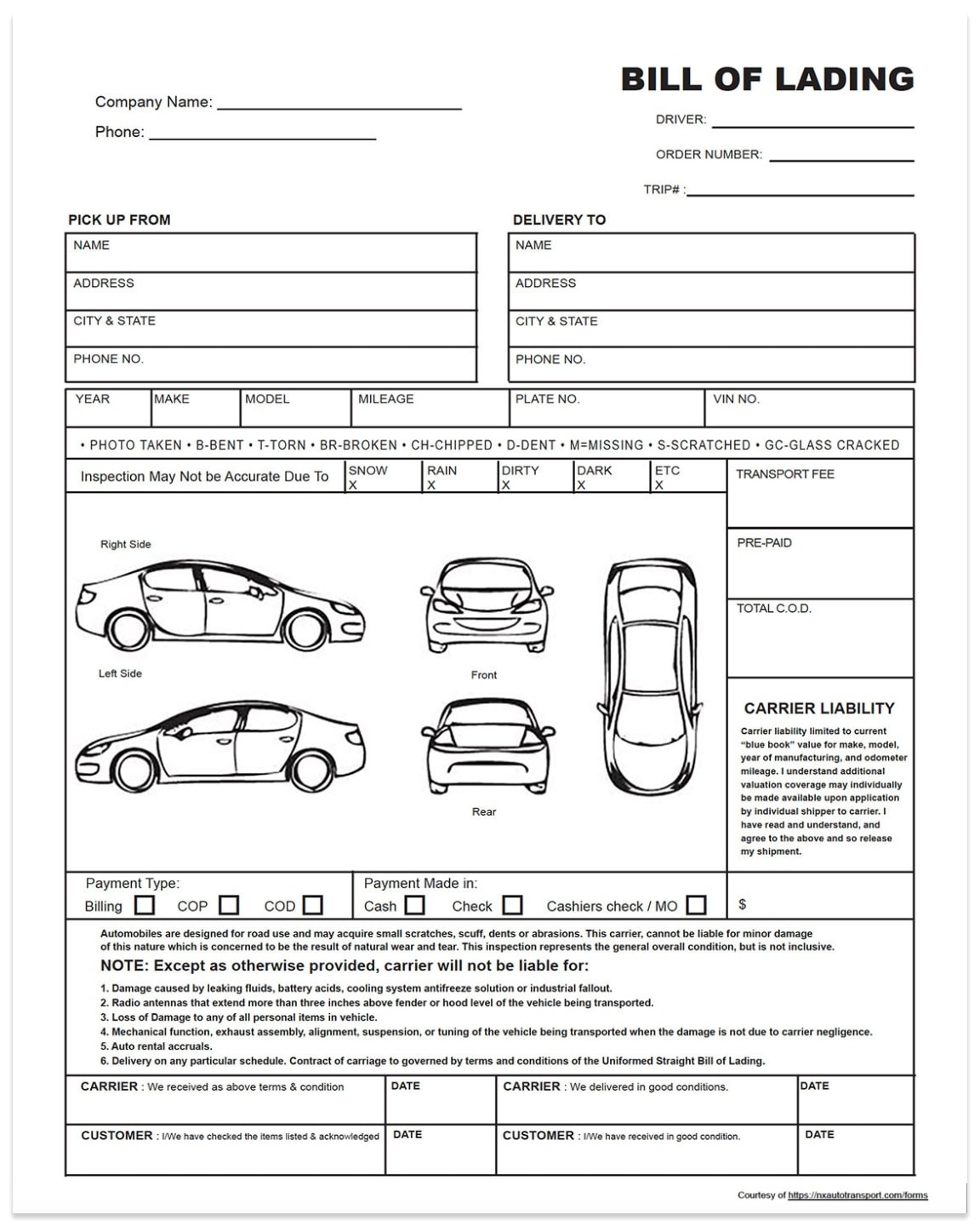 Bill of lading car shipping