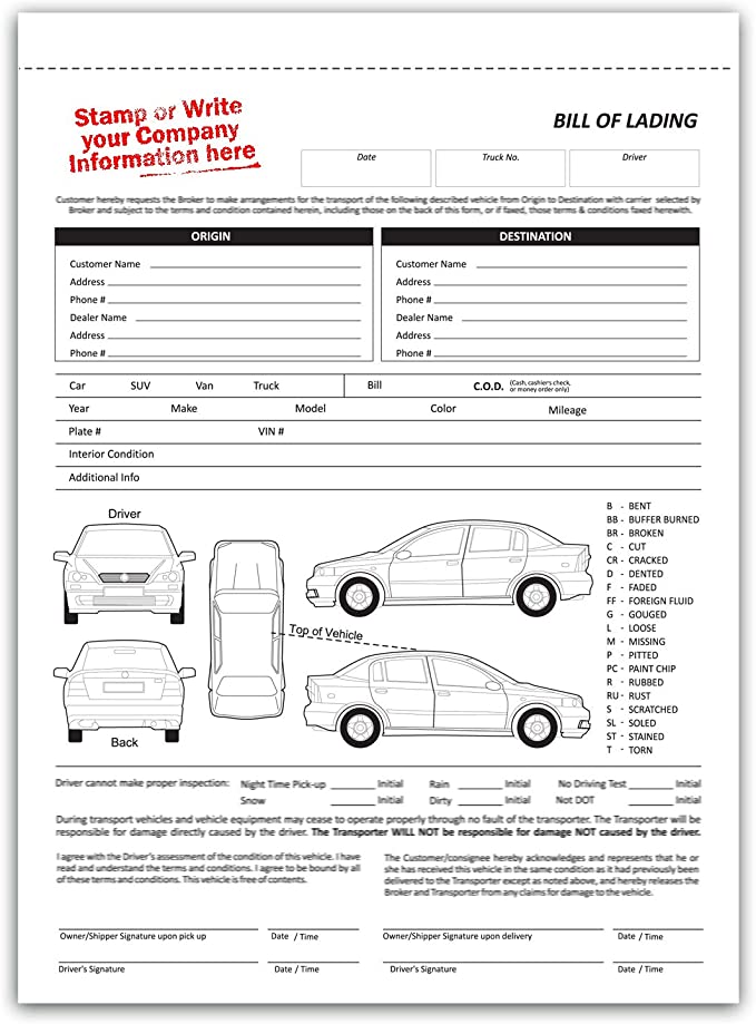 heavy equipment exemple of bill of lading